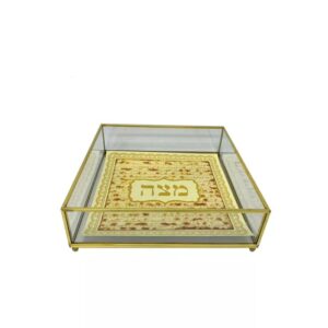 צלחת מצות מזכוכית מסגרת זהב