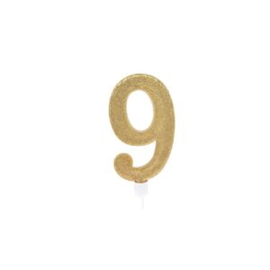 נר ספרה 9 גדול - לבן זהב נוצץ